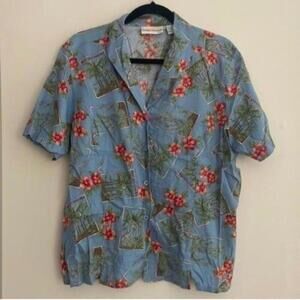 Sun Bay Cotton Blue Collared Short Sleeve Tropical Vacation Post Card Shirt